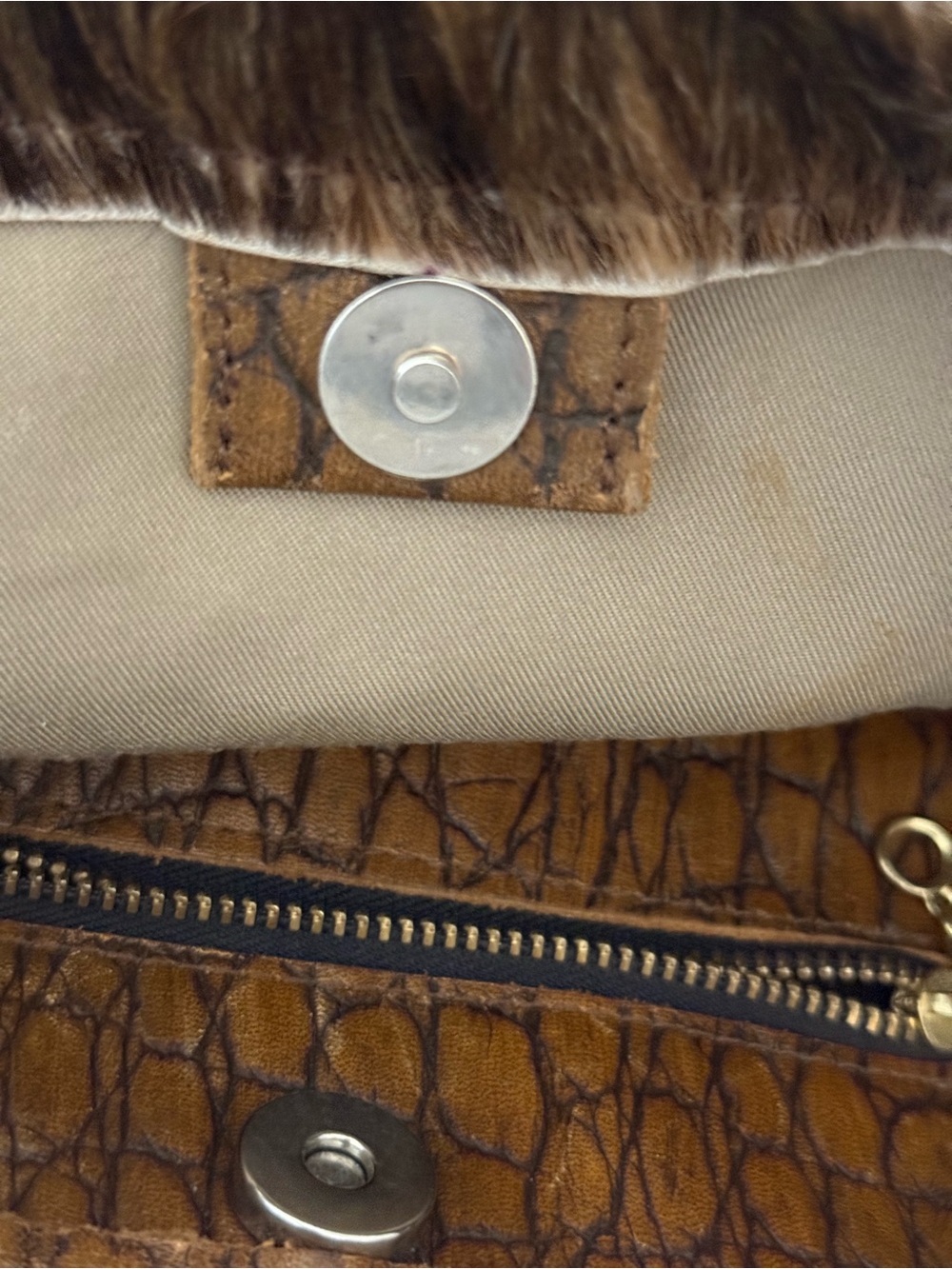 Faux Fur Brown Shoulder Bag with Turquoise Stone Accents - Picture 8 of 8